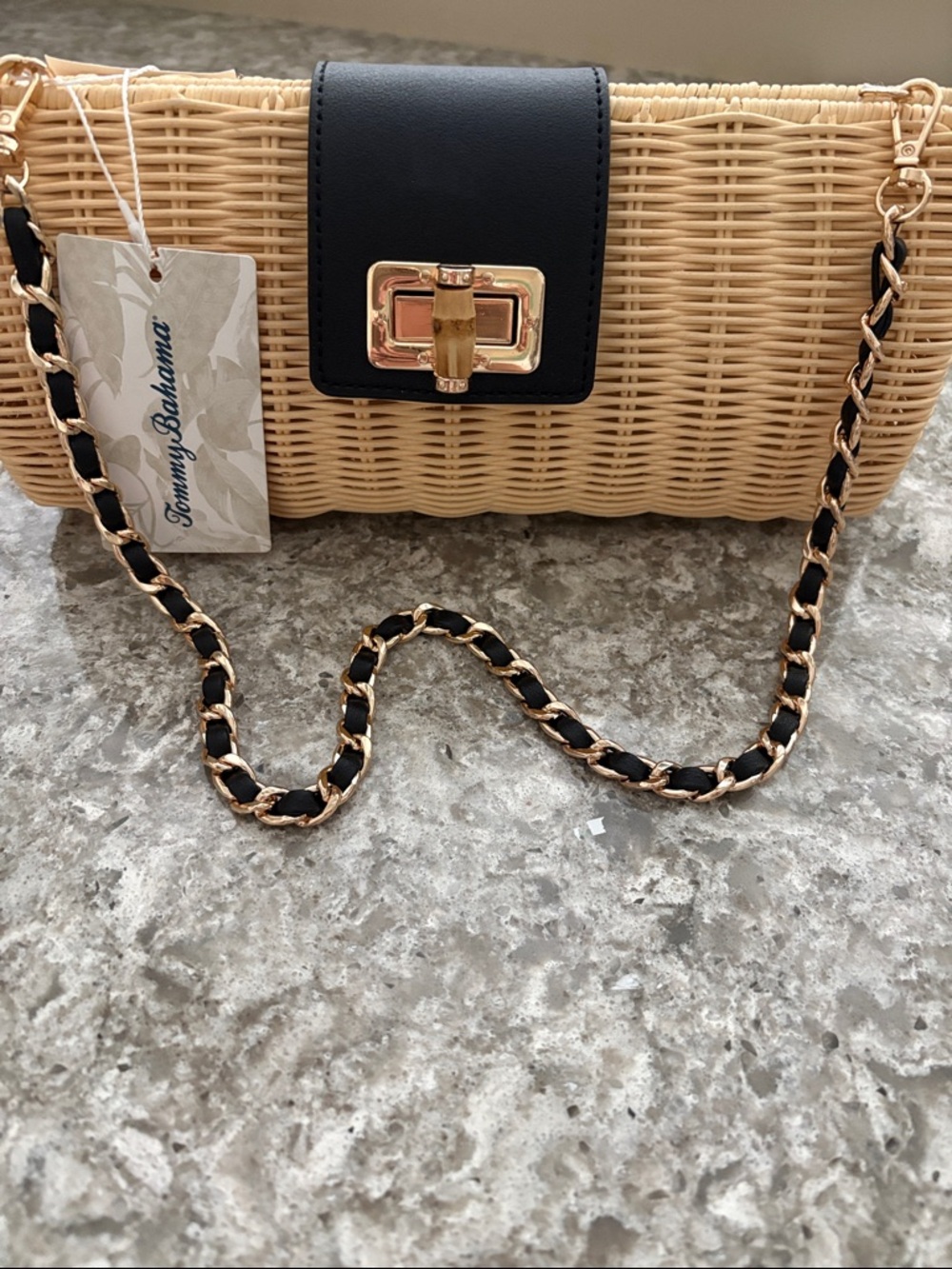 Tommy Bahama Woven Straw shoulder Bag in Natural with Black Trim